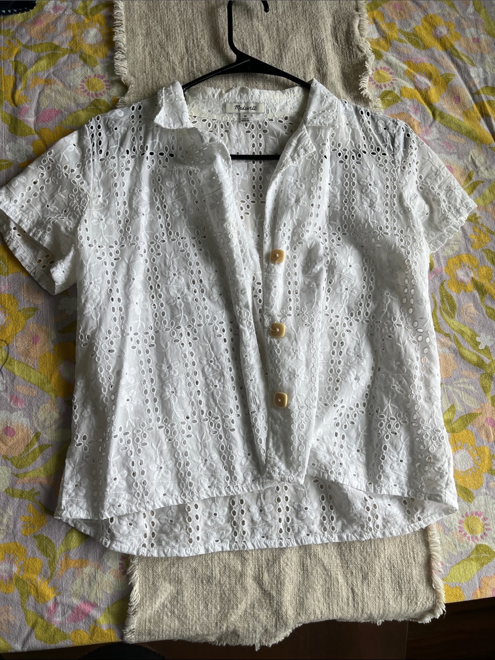 Eyelet Button-Front White Short-Sleeve Top